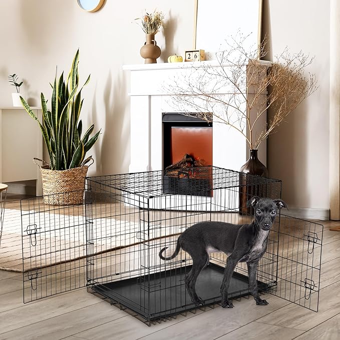 DUMOS Dog Crate, 36 Inch Medium Double Door Dog Cage with Plastic Leak-Proof Pan Tray, Folding Metal Wire Pet Kennel for Indoor, Outdoor, Travel