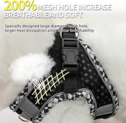 Summer Soft Dog Harness and Leash Set,Ultra Thin Breathable Diamond Mesh, Step in Adjustable Dog Harness with Padded Vest for Medium Size Dogs in Hot Weather Black L