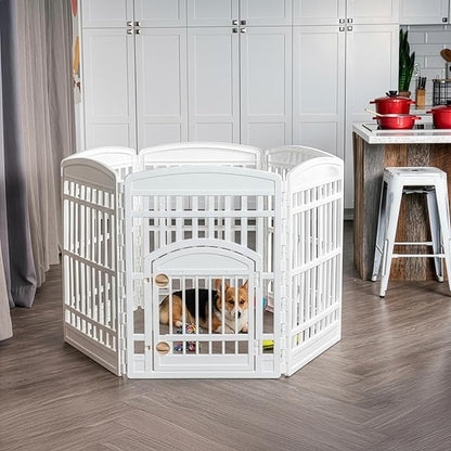 IRIS USA Dog Playpen with Door, 34” 6 Panel Pet Exercise Pen – Indoor Outdoor Puppy Play Pen, Portable Plastic Pet Fence for Small Medium Dogs, Foldable 44” x 63” x 34”, White