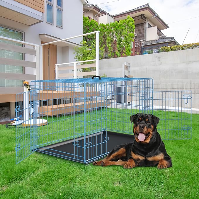 PayLessHere Large Dog Crate Kennel for Medium Large Dogs Metal Dog Cage Double-Door Folding Travel Indoor Outdoor Puppy Playpen with Divider and Handle Plastic Tray (48 Inch, Blue)