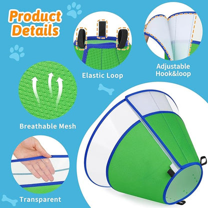 Dog Cone Collar, Clear Soft Cone for Dogs After Surgery to Stop Licking, Breathable Mesh Recovery Collar with Elastic Loop for Snug Fit, Adjustable E-Collar for Large Dogs, Green Size 6