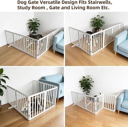 Foldable Indoor Dog Gate for The House Freestanding Stairs Nature Wooden White Pet Gate for Doorway Puppy Gate for Dogs Expandable Dog Fence for Stairs or Hallways 24"" Height 6 Panels