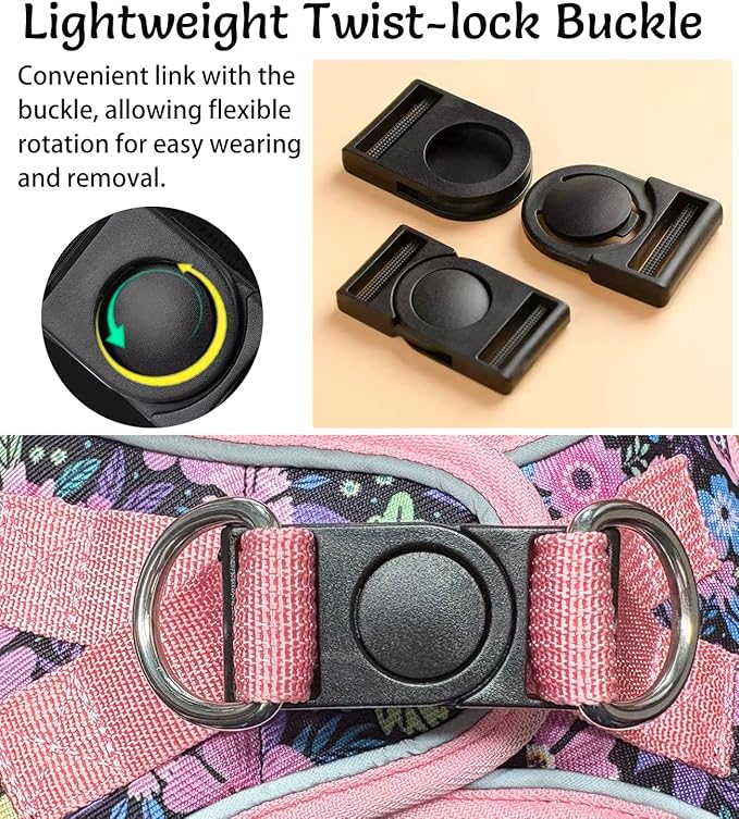 Mihqy Step in Dog Harness and Leash Set, Reflective Adjustable No Pull Dog Harness for Small Medium Dogs Puppy and Cats, Soft Padded Mesh Vest Harnesses for Girl and Boy Pets(Pink Floral,L)