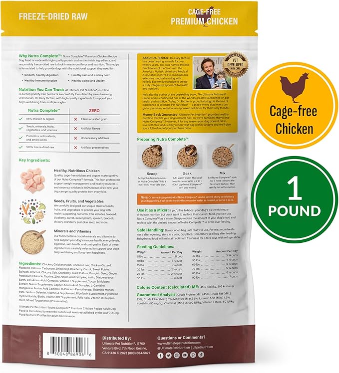 ULTIMATE PET NUTRITION Nutra Complete Freeze Dried Raw Dog Food, Veterinarian Formulated with Antioxidants, Prebiotics & Amino Acids (1 Pound, Chicken)