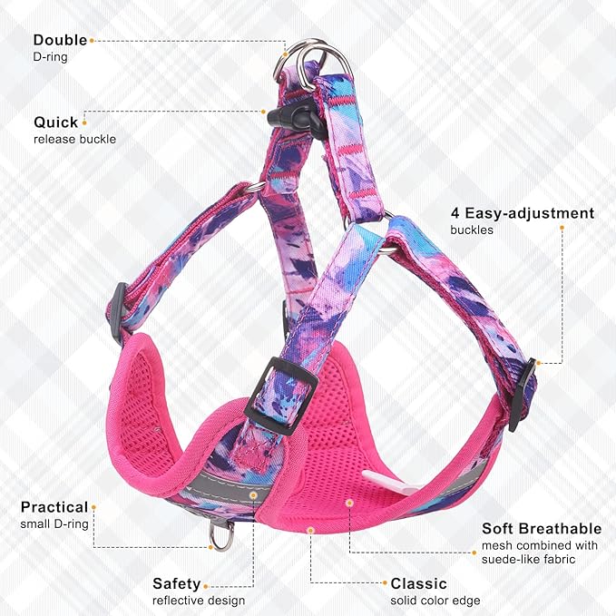BEAUTYZOO Dog Harness Collar and Leash Set, No-Pull Step in Dog Harness for Large Dogs, Reflective No-Choke Puppy Vest Harness, Adjustable Soft Padded Pet Vest for French Bulldog, Dark Pink L