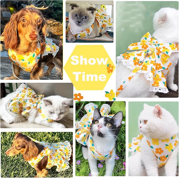 ABRRLO Dog Harness Dress Leash Set for Small Dog Summer Clothes Girl Female Puppy Cats Outfits Cute Floral Bowknot Princess Birthday Dress for Extra Small Pet Doggie Kitten Outfits Apparel(Yellow,XS)