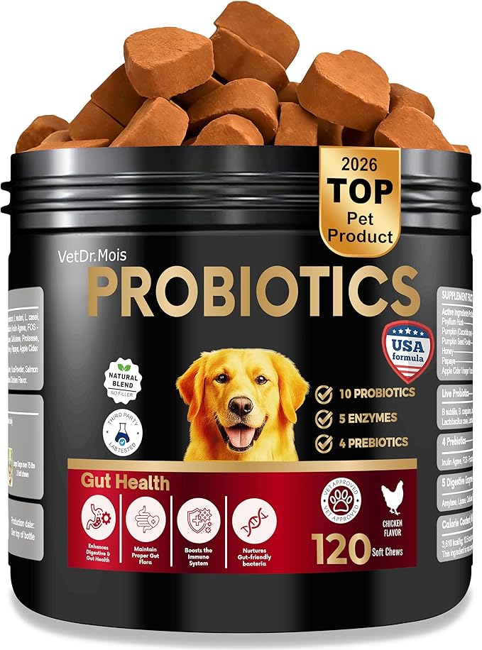 Probiotics for Dogs&Cats, Probiotic for Sensitive Stomach, Itchy Skin, Allergies, Immunity, Yeast Balance, Oral Problems-Dog Probiotic and Digestive Enzymes with Prebiotics-Reduce Diarrhea, Gas-120 Ct