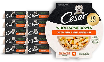 Cesar Wholesome Bowls Adult Wet Dog Food, Chicken, Apple & Sweet Potato Recipe, Wet Food for Dogs, 3 oz. Bowls, 10 Count