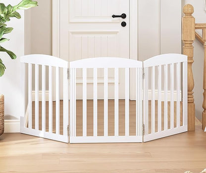 SPIRICH Dog Gate Indoor, Dog Gates for Doorways, Stairs, The House, Wooden Freestanding Foldable Pet Gate, Extra Wide Step Over Puppy Gate, 3 Panels, White