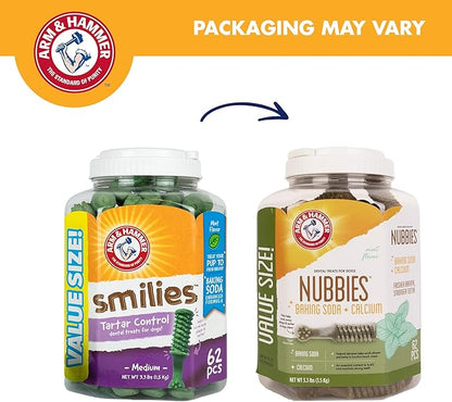 Arm & Hammer for Pets Nubbies Dental Treats Value Size - Baking Soda & Calcium Dog Dental Chews, Helps Scrub Plaque & Tartar While Chewing, Mint Flavor, 62 Count, 52.8 Oz