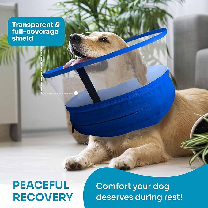Dog Inflatable Neck Collar - Inflatable E Collar for Dogs - Comfortable Elizabethan Cone with Detachable Anti-Licking Shield - Dog Donut Cone - Doughnut for Dogs After Surgery (Blue, S)