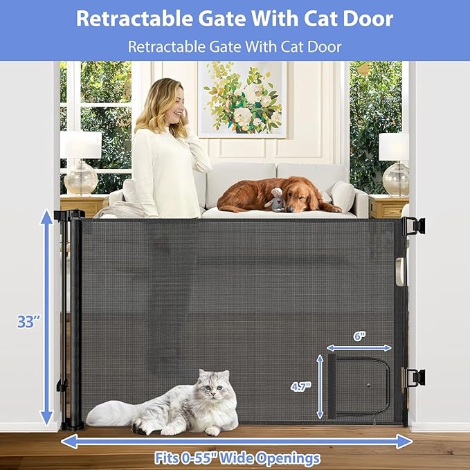 Retractable Baby Gates with Door 55" Wide Retractable Dog Gate with Pet Door Outdoor Retractable Gate for Dogs Mesh Baby Gate Retractable Pet Gate with Cat Door Retractable Child Gates for Doorways