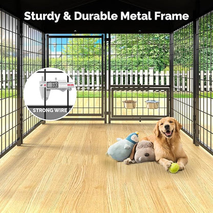 Sino Luban 2PCS Outdoor Dog Kennel Outside Run with Doggy Door, Swivel Feeder&Roof - 5x5x5FT Large Dog Kennels Pens Outside for Medium/Large Dogs - Heavy Duty Cage (Can Connect to Your Dog House)