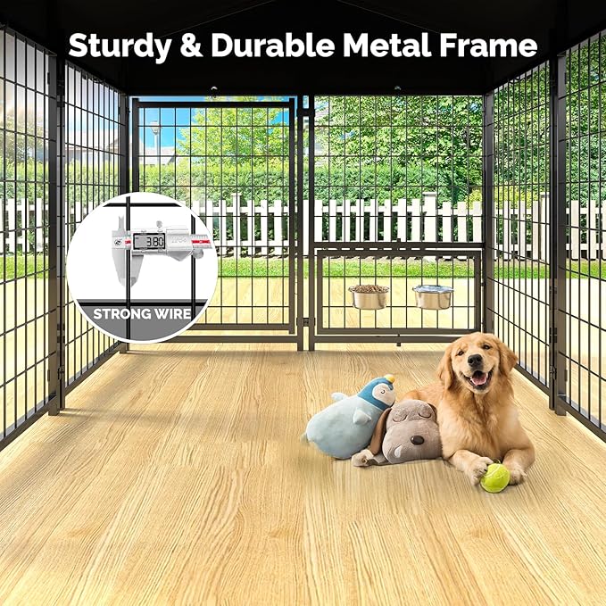 Sino Luban Outdoor Dog Kennel Outside Run with Doggy Door, Swivel Feeder&Roof - 5x5x5FT Large Dog Kennels Pens Outside for Medium/Large Dogs - Heavy Duty Cage Yard (Can Connect to Your Dog House)