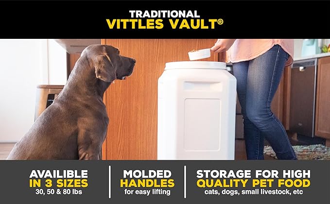 Vittles Vault Traditional Pet Food Storage Container For Dog Kibbles/Bird Seed/Oatmeal/Rice/Flour/Cereal, BPA Free Plastic, Sealed Airtight For Cat Food, Up To 50 lb, Made in USA, With Scoop, Gray