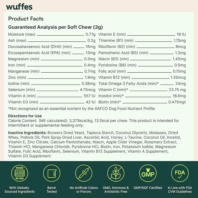 Wuffes 23-in-1 Dog Multivitamin Supplement for Hip & Joint, Skin & Coat and Immune System Support with Omega 3, Iron, Zinc, Vitamin C - Minerals & Vitamins for Senior Dogs and Puppies - 60 Soft Chews