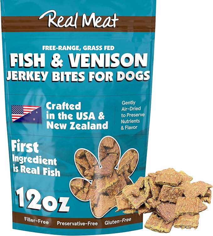 TRMC Real Meat Dog Treats - 12oz Bag of Bite-Sized Air-Dried Fish & Venison Jerky for Dogs - Grain-Free Jerky Dog Treats Made up of 95% All-Natural, Free-Range Venison & Ocean-Caught Fish