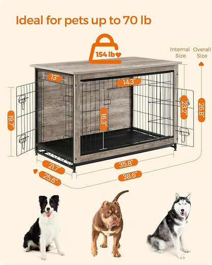 Feandrea 38.6" Dog Crate Furniture, Indoor Dog Cage Side End Table, XL Pet Wood Kennel for Large and Medium Dogs up to 70 lb with Multi-Purpose Removable Tray, Double-Door Pet House, Greige