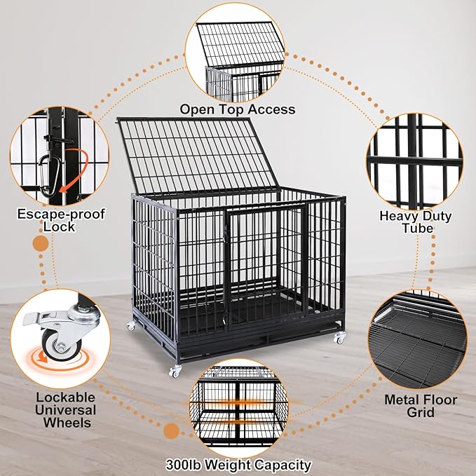 Homey Pet 47 Inch Heavy Duty Dog Crate for Large Dogs, Stackable & Indestructible Dog Cage for High Anxiety Dogs with Four Lockable Wheels, Two Removable Trays, Escape Proof Dog Kennel Indoor