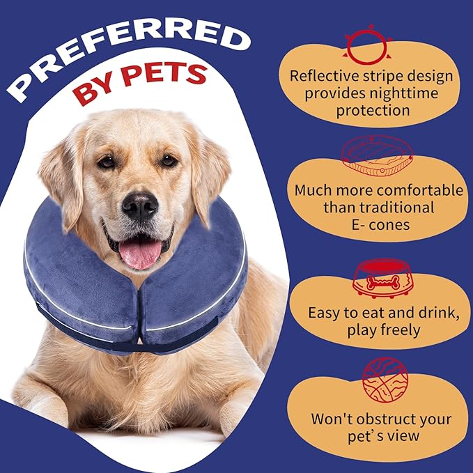 Inflatable Reflective Dog Cone Collar Alternative After Surgery,Doggie Recovery Dount Neck Ecollar,Adjustable Soft Dog Cone Collar for Small Medium Large Dogs (Blue, XXL)