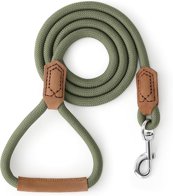 Mile High Life Leather Dog Leash, Heavy Duty Strong Genuine Leather Handle Rope Leash Soft and Comfortable for Small Medium Large Dogs (Olive Green, 72 Inch)