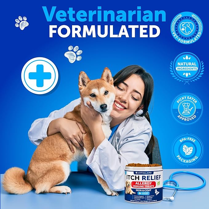 Dog Allergy Relief Chews - Itching Skin Relief for Dogs - 180 Soft Treats - Fish Oil - Omega 3 - Seasonal Allergies Pills - Skin & Coat, Anti Itch,Hot Spots Treatment - Canine Immune Health Supplement