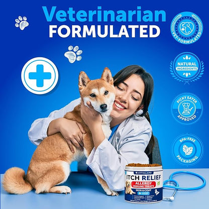 Dog Allergy Relief Chews - Itching Skin Relief for Dogs - 180 Soft Treats - Fish Oil - Omega 3 - Seasonal Allergies Pills - Skin & Coat, Anti Itch,Hot Spots Treatment - Canine Immune Health Supplement