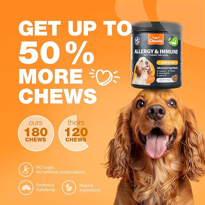 Dog Allergy Relief Chews - Itch Relief for Dogs - 180 Allergy Chews for Itching Skin with Probiotics, Colostrum, Salmon Oil - Allergy, Skin and Coat, Immune, Digestion Support Supplement - Hot Spots