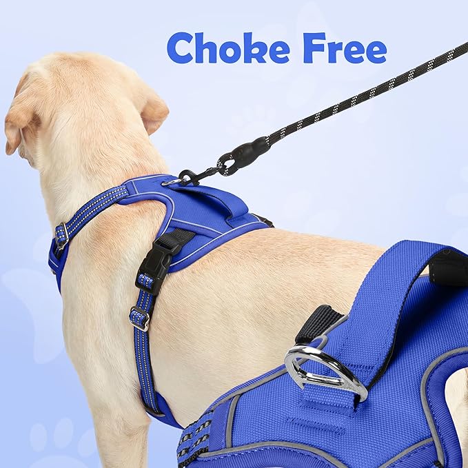 Funfox Dog Harness No Pull, Adjustable Pet Vest Harness, Super Soft Material with Vertical Handle Easy Control, Reflective Night Walking, 2 Leash Clips for Large Dogs, Blue, L