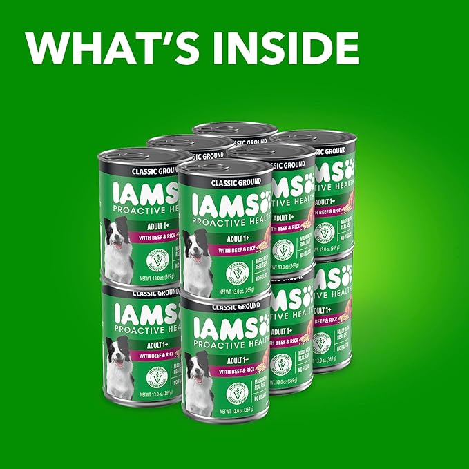 IAMS Proactive Health Wet Dog Food, Adult Wet Dog Food Multipack Ground Dinner, Beef & Rice, 13 oz. Cans (Pack of 12)