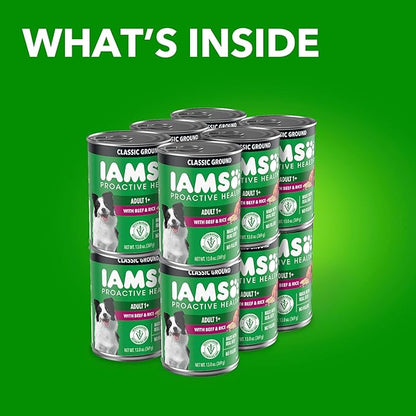 IAMS Proactive Health Wet Dog Food, Adult Wet Dog Food Multipack Ground Dinner, Beef & Rice, 13 oz. Cans (Pack of 12)