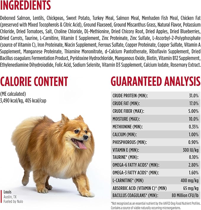 Nulo FreeStyle Small Breed Dog Food Dry - Salmon & Lentils, Puppy & Adult Grain Free Dog Food, Natural, High Protein, Smaller Sized Kibble with BC30 Probiotic for Healthy Digestion Support, 6lb Bag