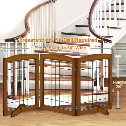 LZRS 3-Panel Freestanding Adjustable Wooden Dog Gate—30" Tall Foldable Pet Barrier with Support Feet, Chew-Resistant Solid Hardwood & Steel Wire Safety Fence for Doorways, Hallways, and Stairs, Cherry