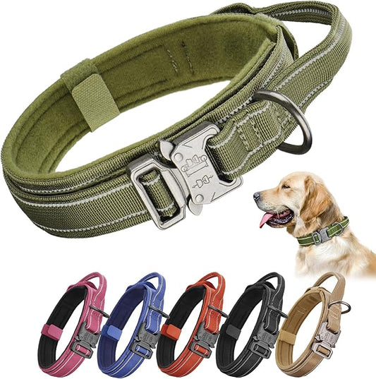 KCUCOP Tactical Dog Collar for Medium & Large Dogs - Military Nylon Heavy Duty Collar with Handle, Reflective Strip & Metal Buckle for Training, Outdoor (Green Reflective, Large)