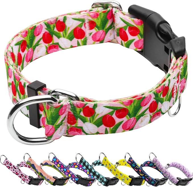 Martingale Collar for Dogs with Buckle Floral No Pull Adjustable Nylon Limited Slip Training Dog Collars Pink Tulip, Large
