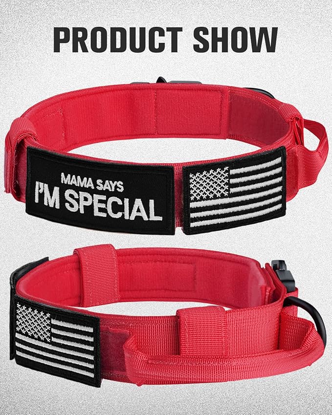 Joytale Tactical Dog Collar with Handle and Metal Buckle, Heavy Duty Padded Military Collar with 2 Patches for Training, Adjustable for XLarge Dogs, Red, XL