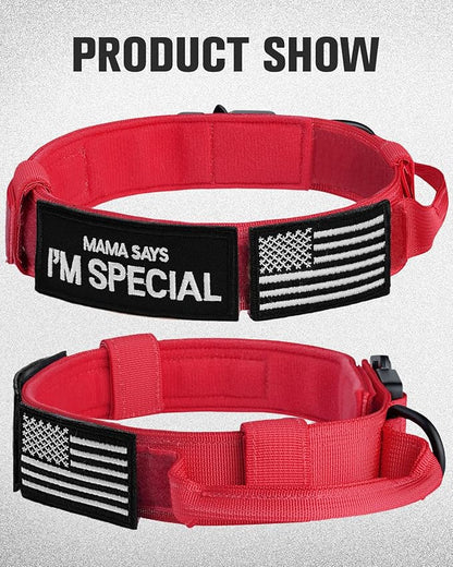 Joytale Tactical Dog Collar with Handle and Metal Buckle, Heavy Duty Padded Military Collar with 2 Patches for Training, Adjustable for XLarge Dogs, Red, XL
