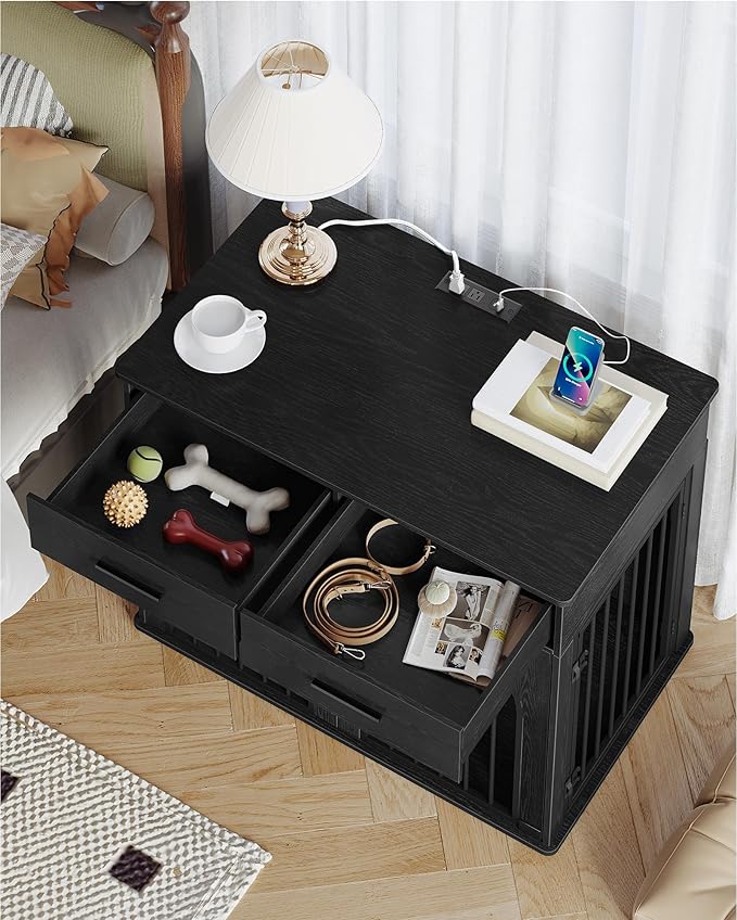 Hzuaneri 39.4'' Large Dog Crate Furniture with 2 Storage Drawers, Heavy Duty Dog Kennel Indoor with Charging Station, Wooden Dog Cage End Table Kennel for Medium/Large Dogs, Black DFC84204B