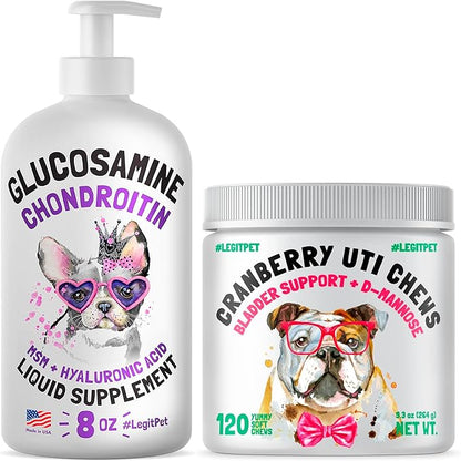 Cranberry UTI Chews for Dogs Bladder Suppot + D-Mannose Supports Kidney Urinary Tract 120 Chews and Liquid Glucosamine for Dogs Bacon Flavour with Chondroitin, MSM & Hyaluronic Acid 8 oz