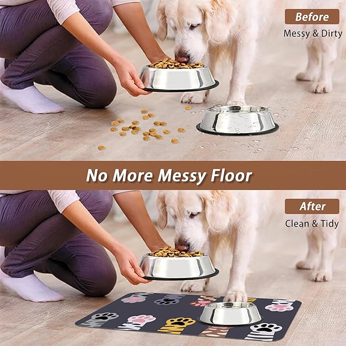 Cute Cat Paw Print Dog Food Mat for Floors,Absorbent Pet Food and Water Bowl Mats,Non-Slip Pet Feeding Mat,Pet Supplies 16" x 24"
