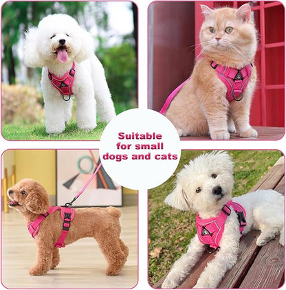 SOLMOONY Small Dog Harness,Soft Mesh Puppy Harness and Leash Set,No Escape Cat Harnesses for Training Walking,Reflective Adjustable Puppy Vest for Small Medium Dogs, Cats (Hot Pink, L)