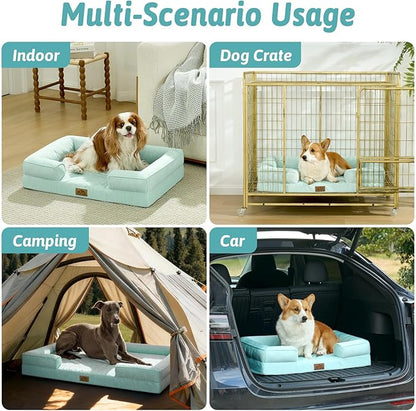 Cooling Dog Bed for Medium Small Size Dogs, Q-Max >0.4 Summer Cool Orthopedic Foam Pet Sofa Bed with Sides, Bolster Anti-Slip Couch with Washable Removable Cover, M 30x20x6 inch, Green