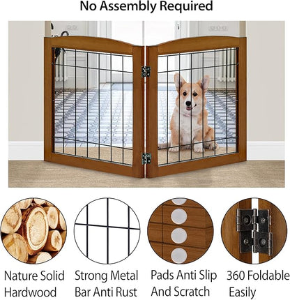 LZRS 2-Panel Freestanding Foldable Wood Dog Gate – Solid Wood & Steel Wire, Chew-Resistant Pet Barrier for Indoor Use, Ideal for Small to Medium Dogs, Cherry