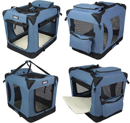 EliteField 3-Door Folding Soft Dog Crate with Carrying Bag and Fleece Bed (2 Year Warranty), Indoor & Outdoor Pet Home (42" L x 28" W x 32" H, Blue Gray)
