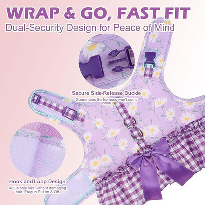 EXPAWLORER Dog Harness Small Medium Sized Dogs, Daisy Dog Dress Bowknot Harness and Leash Set, No Choke No Pull Soft Mesh Vest Cute Princess Puppy Outfits Clothes Costume for Girls Party Cats Purple S