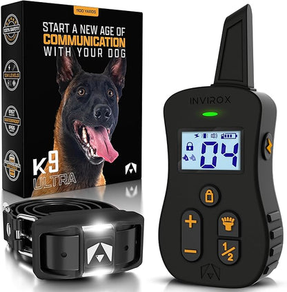 INVIROX Ultra K9 Dog Training Collar with Remote, 124 Levels for Reactive, Stubborn or Hard-to-Train Dogs, ¾ Mile Range, Night-Light Mode, Safe Communication, IP67 Waterproof E Collar for Large Dogs