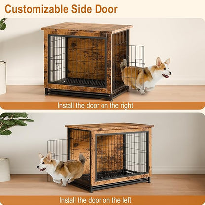 Vongrasig Dog Crate Furniture, Side End Table, Modern Wooden Kennel for Dogs Indoor, Heavy-Duty Dog Cage with Multi-Purpose Removable Tray, Double-Door Dog House, Rustic Brown