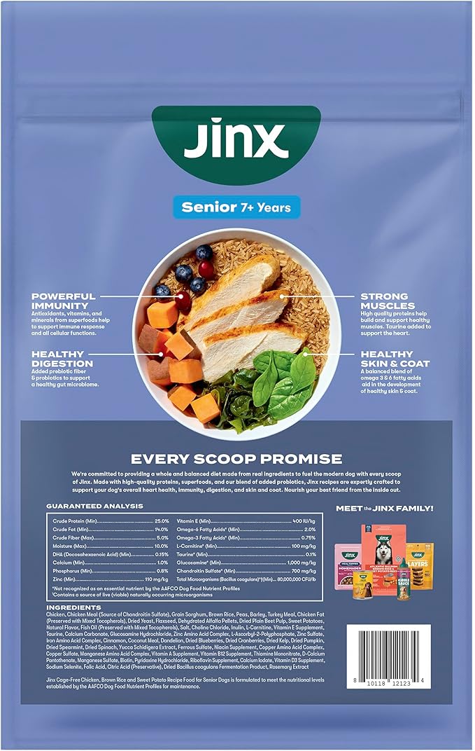 Jinx Premium Senior Dog Food Dry - Real Chicken, Brown Rice & Sweet Potato Kibble with Antioxidants for Immune Support & Whole Grains for Digestive Support - No Fillers - 4lb