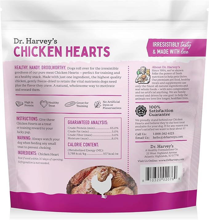 Dr. Harvey's Freeze-Dried Chicken Hearts - Training Dog Treats, Single Ingredient, All-Natural USA Sourced Protein, Allergen-Free - 7 Ounces (Pack of 3)