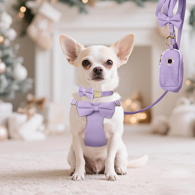 Beirui Adorable Small Dog Harness Collar and Leash Set,Cute XXS Puppy Harness Set with 3 Bows for Tiny Dogs,Chihuahua,Adjustable Step-in Vest for Daily Walking,Parties&Holiday Outfits(Purple,XXS)
